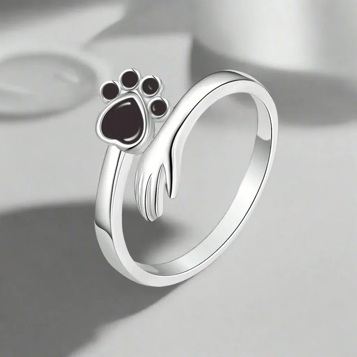 Anillo Ajustable de Plata Esterlina 925 – Diseño de Huella de Mano y Patita