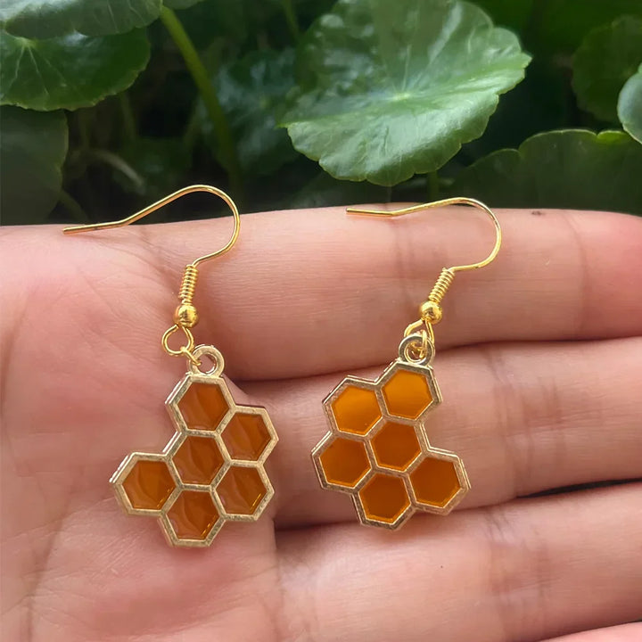 Pendientes de Cristal con Abeja Dorada y Panal