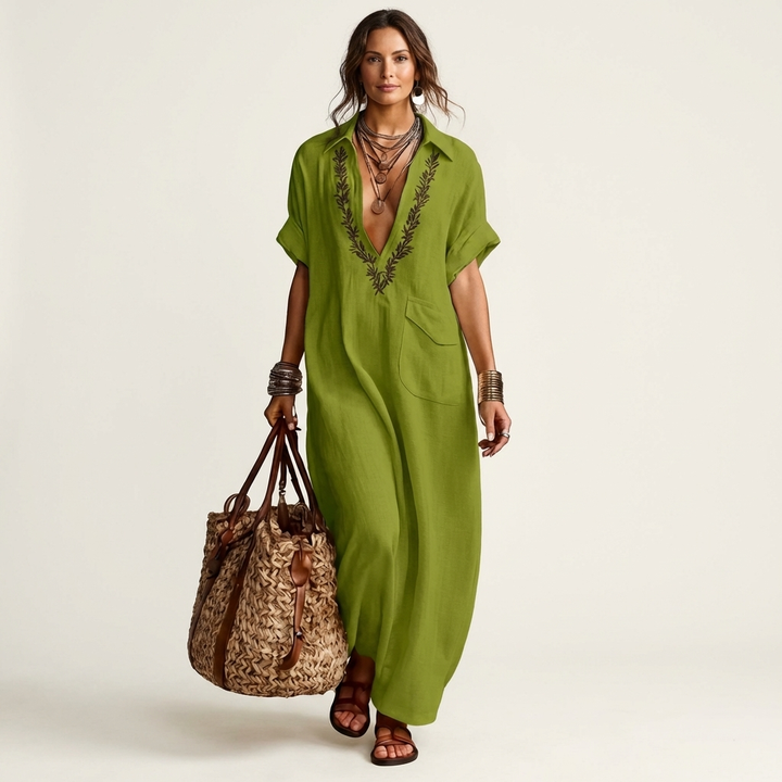 Amarina | Vestido Maxi de Lino con Cuello V Bordado