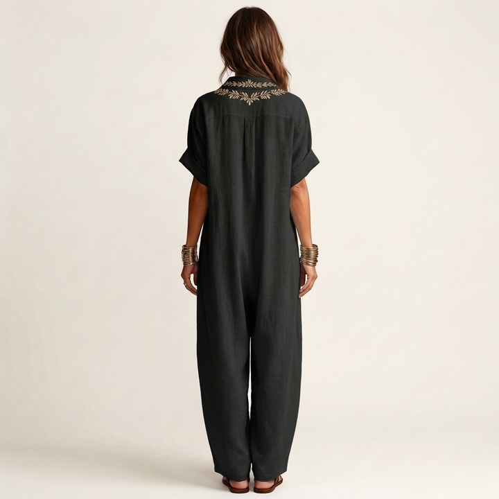 Amarina | Vestido Maxi de Lino con Cuello V Bordado