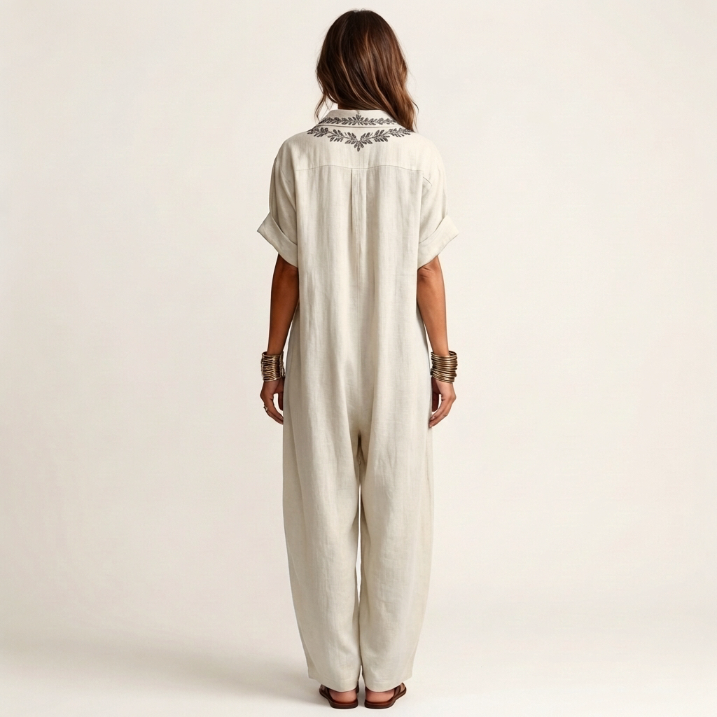 Amarina | Vestido Maxi de Lino con Cuello V Bordado