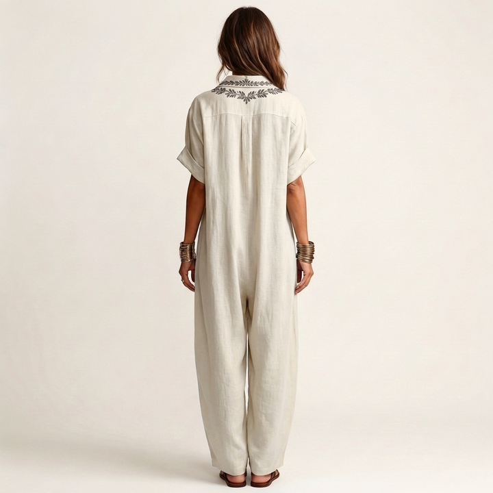 Amarina | Vestido Maxi de Lino con Cuello V Bordado