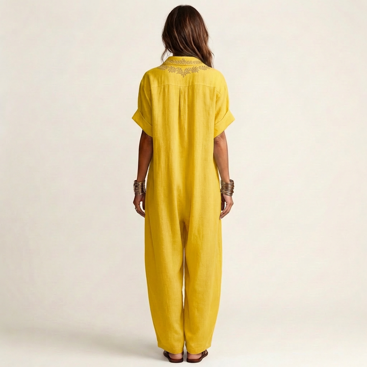Amarina | Vestido Maxi de Lino con Cuello V Bordado
