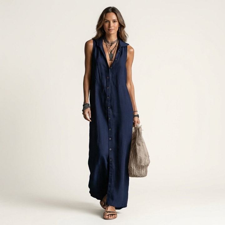 Mirabell | Vestido Maxi de Lino Sin Mangas con Botones y Capucha