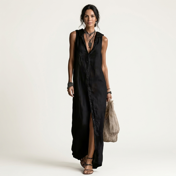Mirabell | Vestido Maxi de Lino Sin Mangas con Botones y Capucha