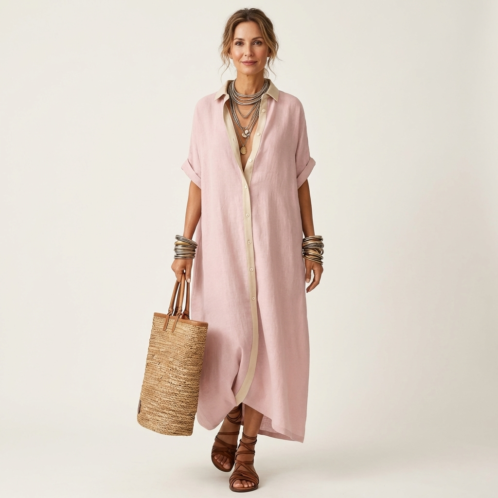 Kamira | Vestido Maxi de Camisa de Manga Corta con Botones y Cuello en Contraste