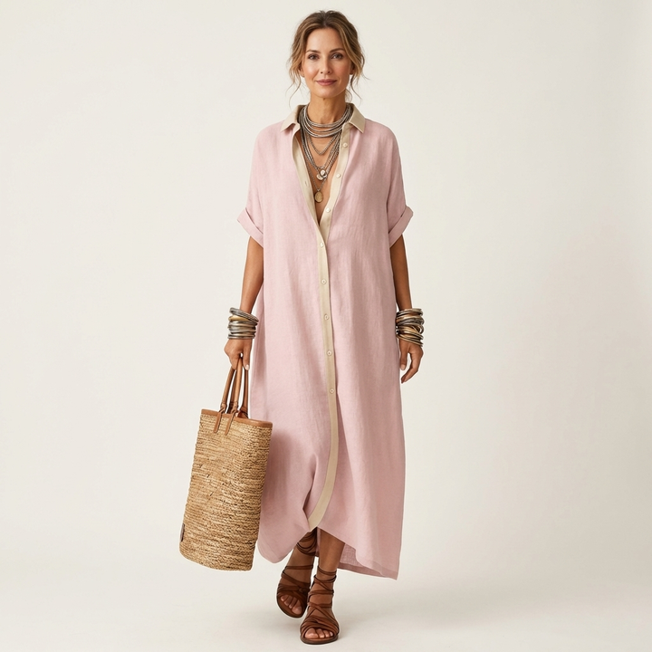 Kamira | Vestido Maxi de Camisa de Manga Corta con Botones y Cuello en Contraste