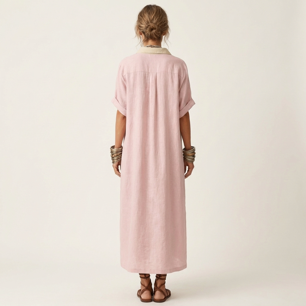 Kamira | Vestido Maxi de Camisa de Manga Corta con Botones y Cuello en Contraste