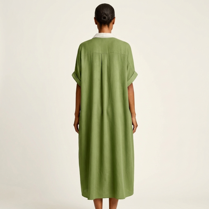 Kamira | Vestido Maxi de Camisa de Manga Corta con Botones y Cuello en Contraste