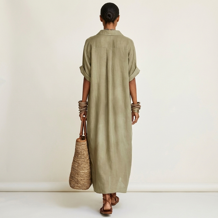 Kamira | Vestido Maxi de Camisa de Manga Corta con Botones y Cuello en Contraste