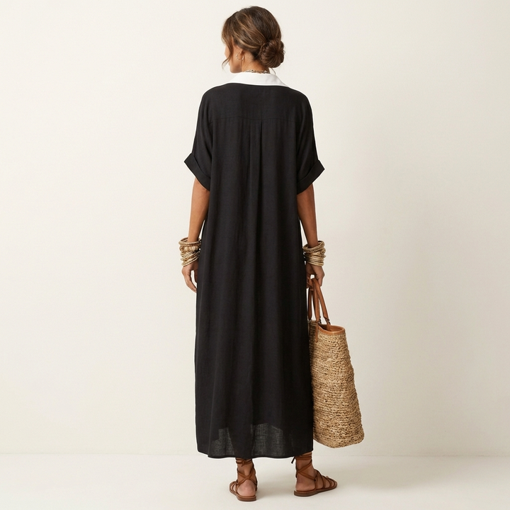 Kamira | Vestido Maxi de Camisa de Manga Corta con Botones y Cuello en Contraste