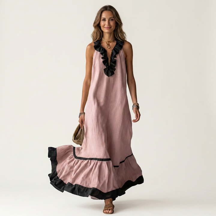 Mayline | Vestido Maxi Sin Mangas con Cuello Volante y Detalles en Contraste