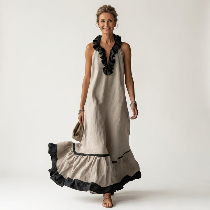 Mayline | Vestido Maxi Sin Mangas con Cuello Volante y Detalles en Contraste
