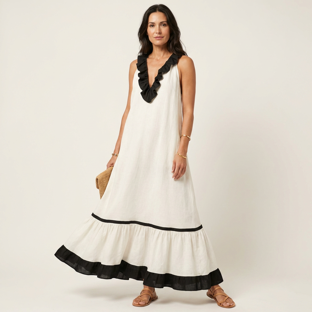 Mayline | Vestido Maxi Sin Mangas con Cuello Volante y Detalles en Contraste