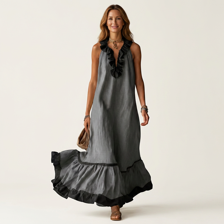 Mayline | Vestido Maxi Sin Mangas con Cuello Volante y Detalles en Contraste