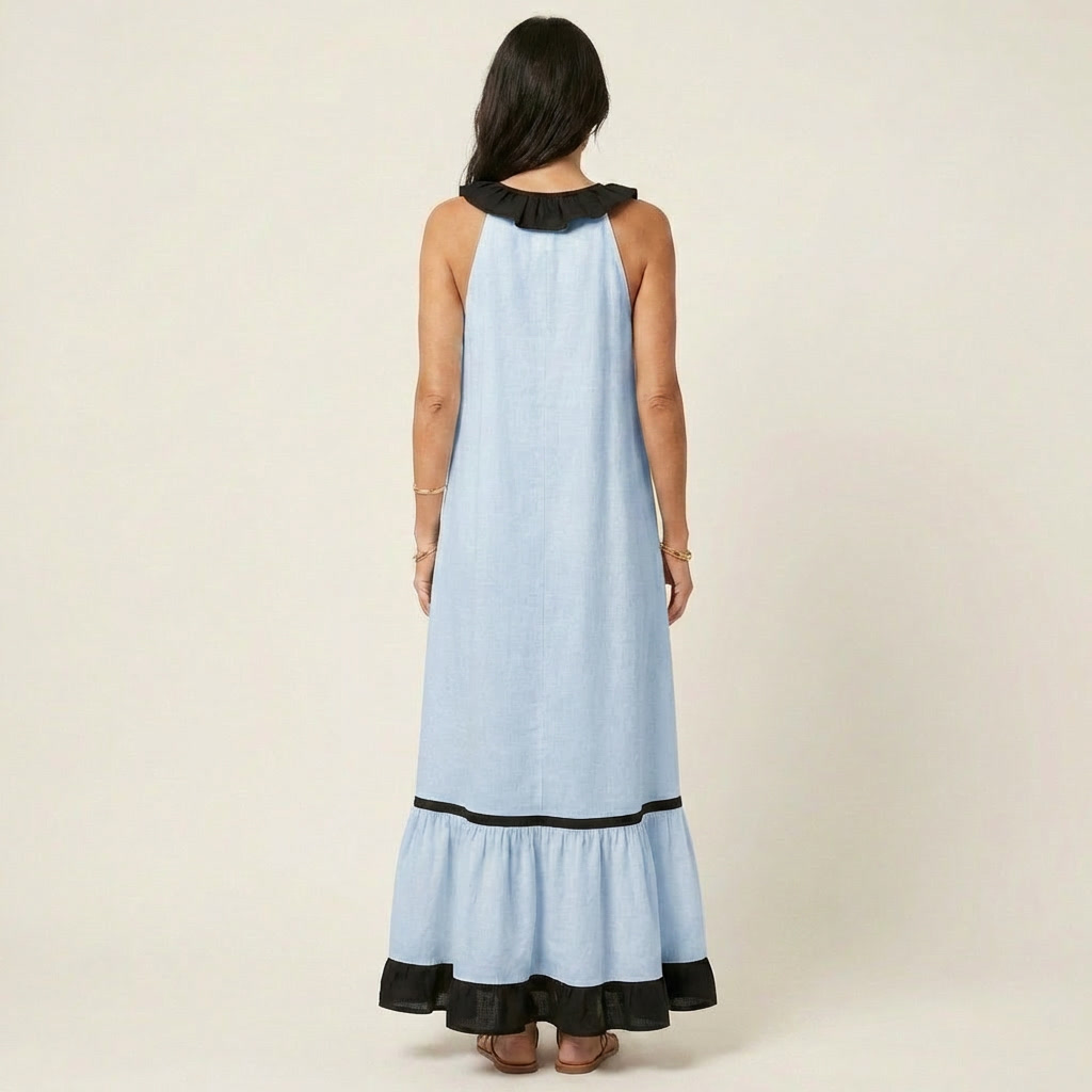 Mayline | Vestido Maxi Sin Mangas con Cuello Volante y Detalles en Contraste