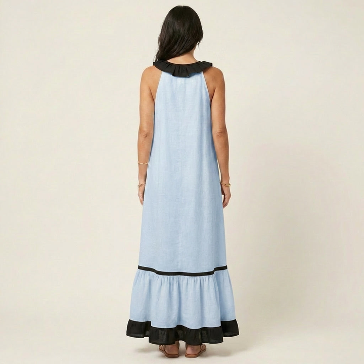Mayline | Vestido Maxi Sin Mangas con Cuello Volante y Detalles en Contraste