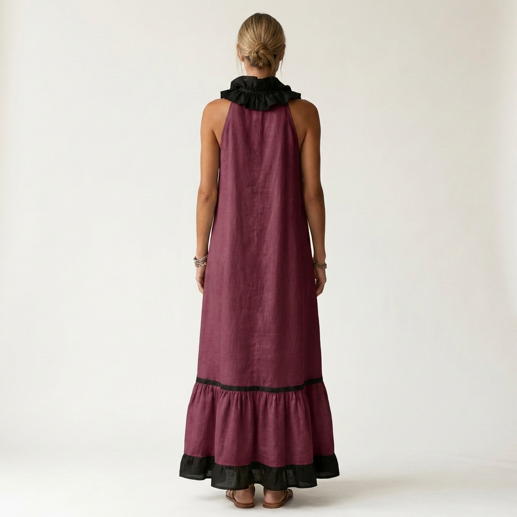 Mayline | Vestido Maxi Sin Mangas con Cuello Volante y Detalles en Contraste
