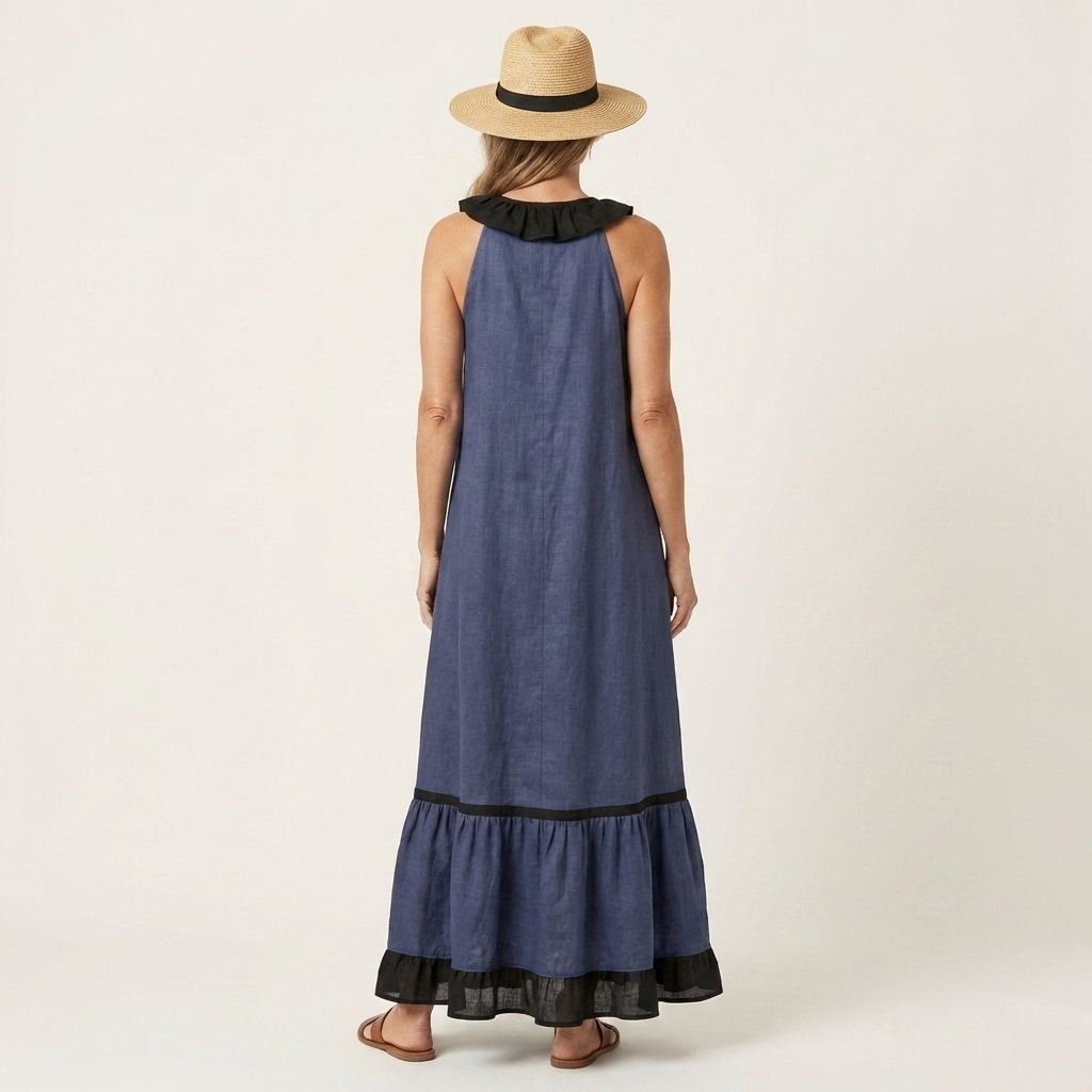 Mayline | Vestido Maxi Sin Mangas con Cuello Volante y Detalles en Contraste