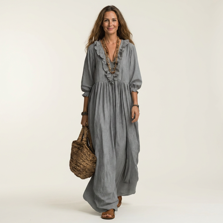 Yosetta | Vestido Maxi de Rayas con Volantes y Cuello en V