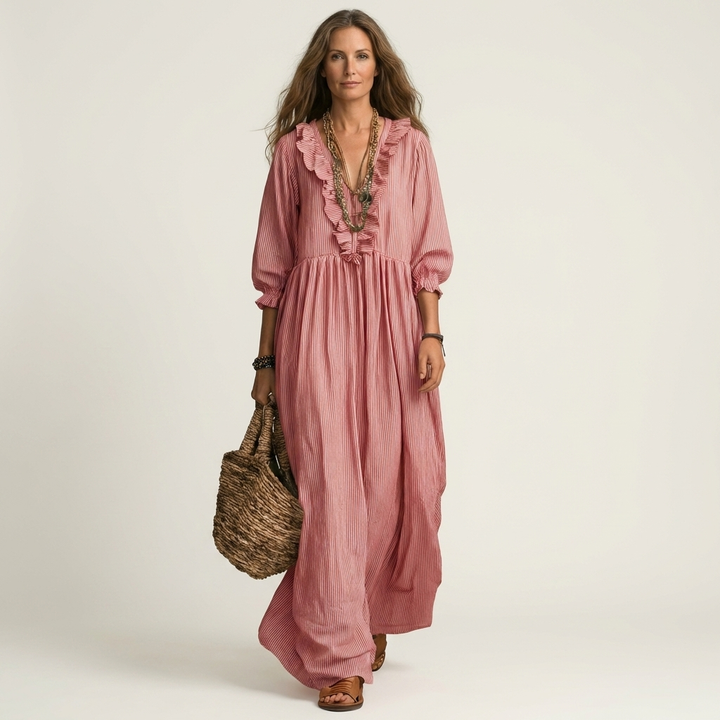 Yosetta | Vestido Maxi de Rayas con Volantes y Cuello en V