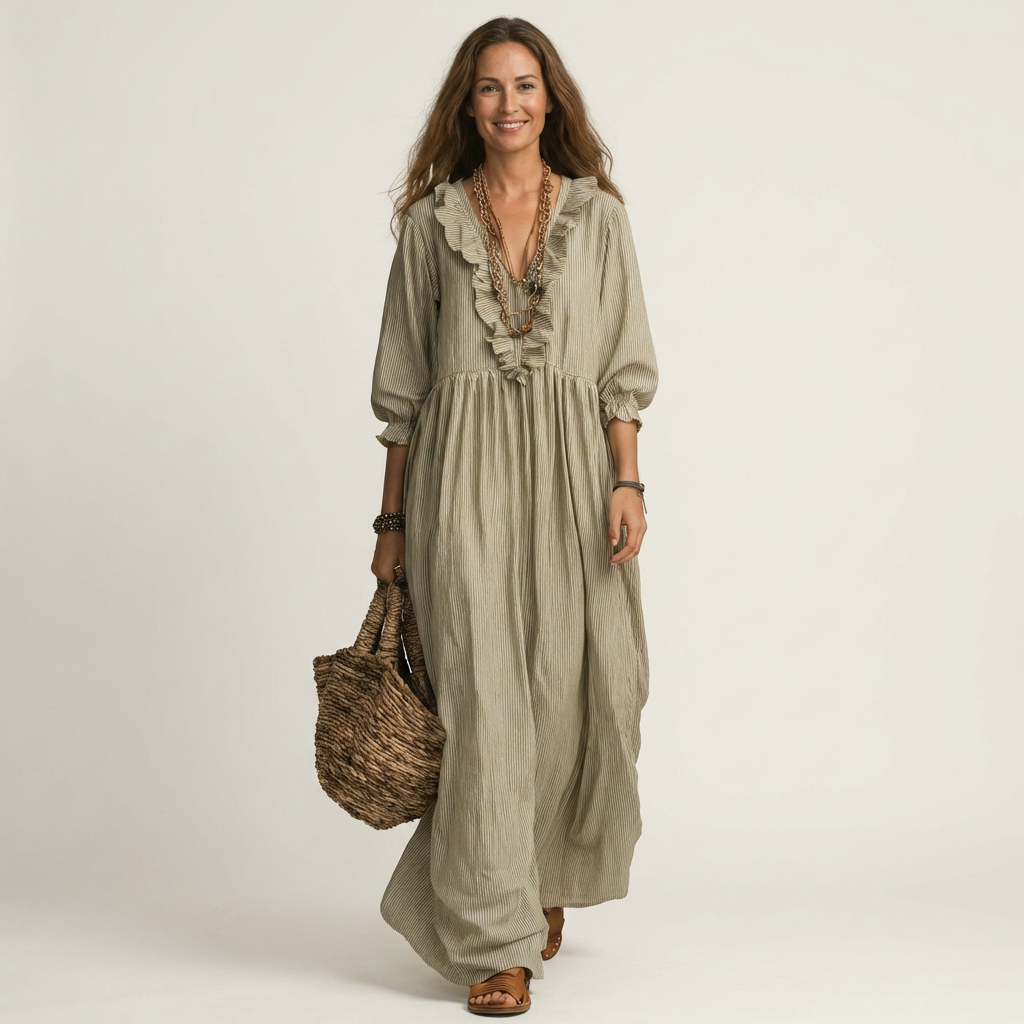 Yosetta | Vestido Maxi de Rayas con Volantes y Cuello en V