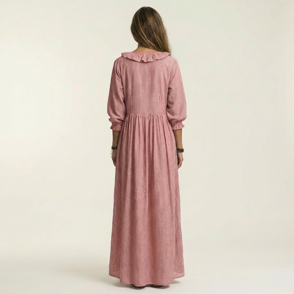 Yosetta | Vestido Maxi de Rayas con Volantes y Cuello en V