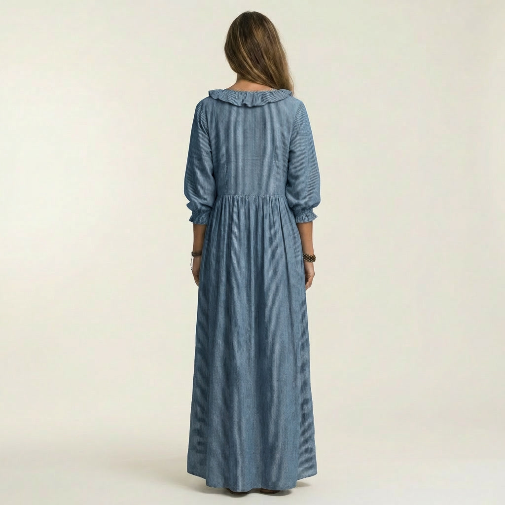 Yosetta | Vestido Maxi de Rayas con Volantes y Cuello en V