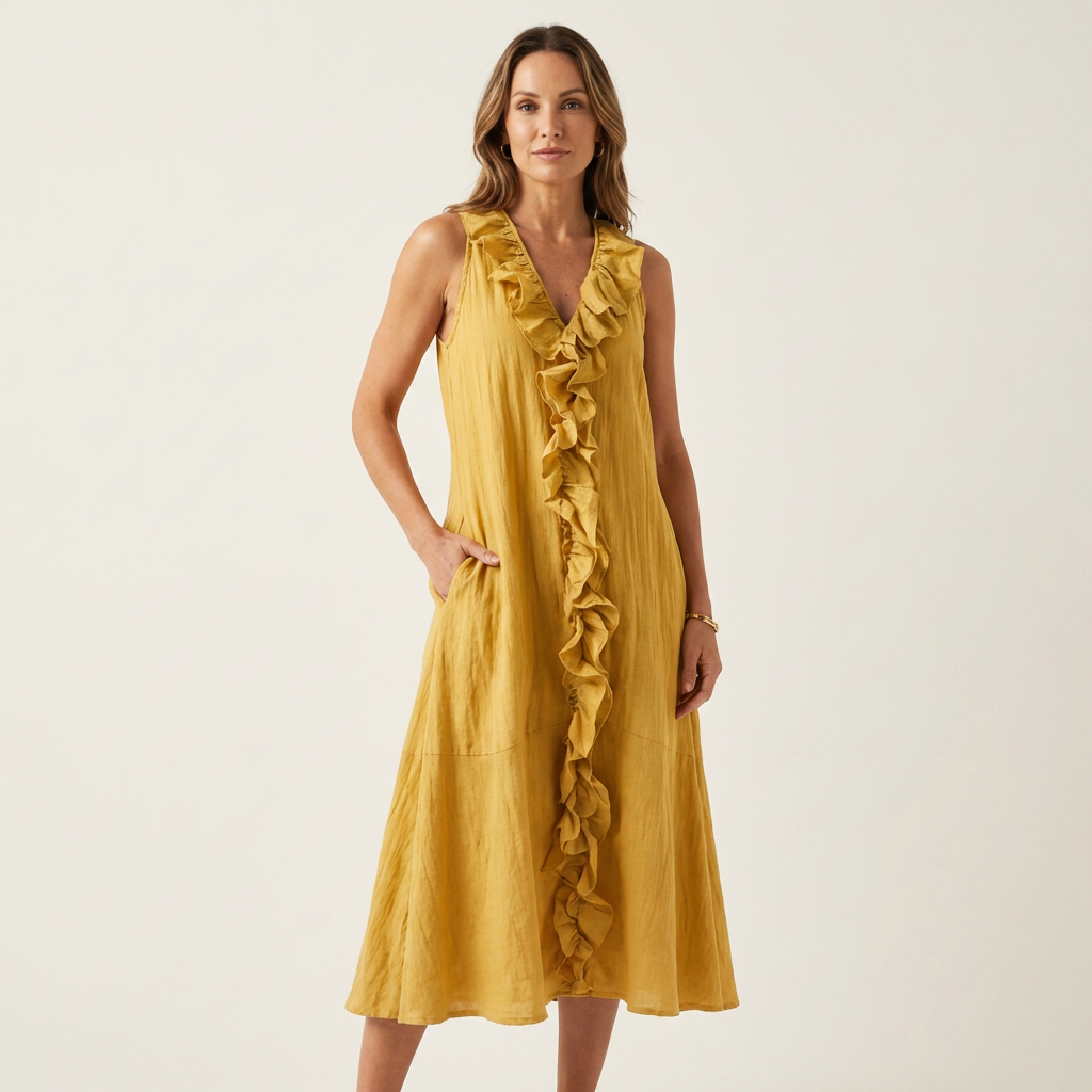 Vicky | Vestido Maxi de Lino Sin Mangas con Volante en el Escote en V