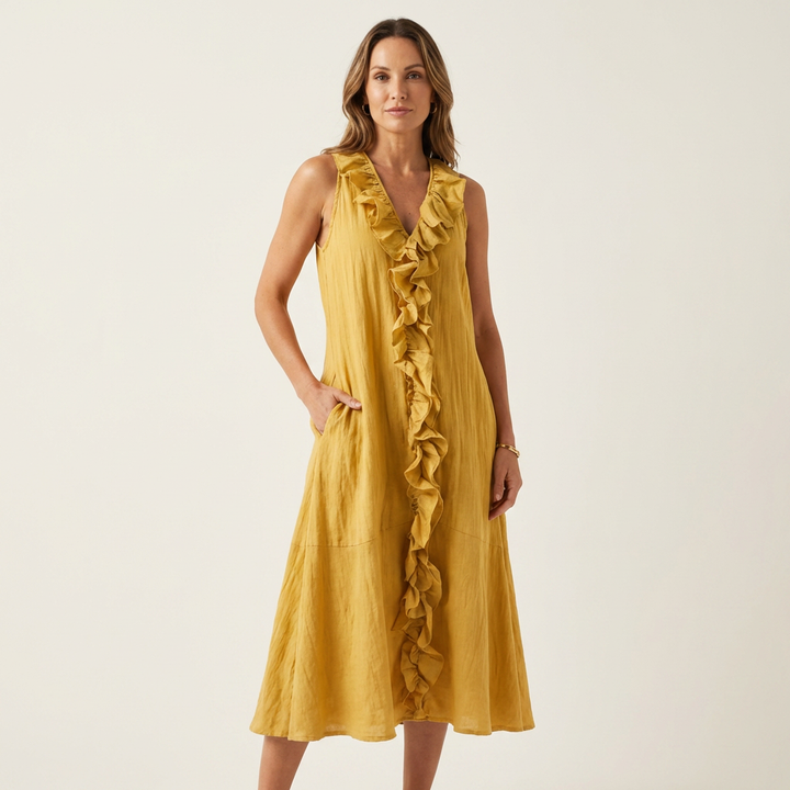 Vicky | Vestido Maxi de Lino Sin Mangas con Volante en el Escote en V