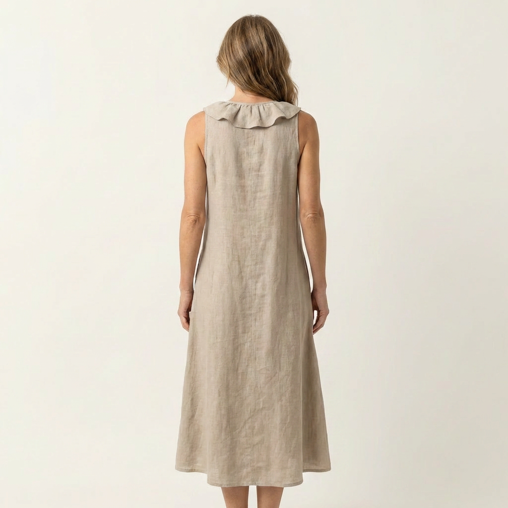 Vicky | Vestido Maxi de Lino Sin Mangas con Volante en el Escote en V