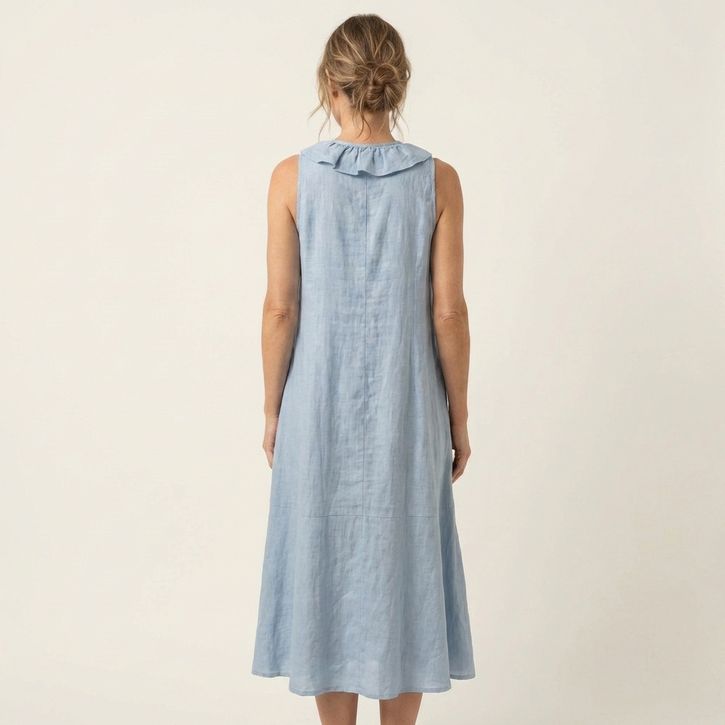 Vicky | Vestido Maxi de Lino Sin Mangas con Volante en el Escote en V