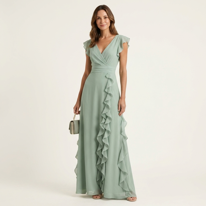 Nellyana | Vestido Maxi con Volantes en Cascada y Manga Flutter en Estilo Envolvente