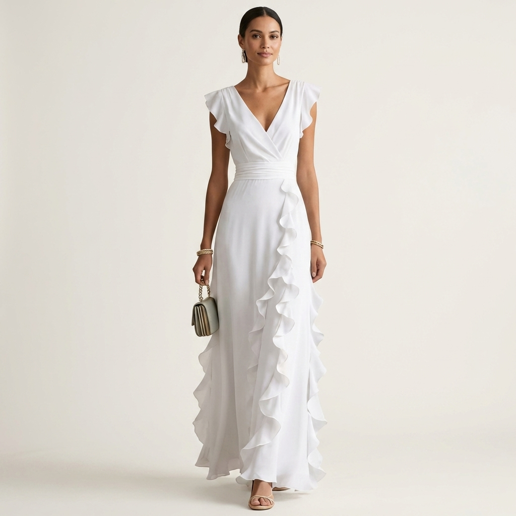 Nellyana | Vestido Maxi con Volantes en Cascada y Manga Flutter en Estilo Envolvente