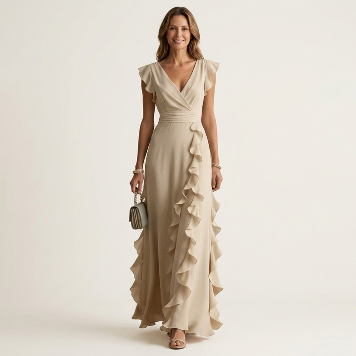 Nellyana | Vestido Maxi con Volantes en Cascada y Manga Flutter en Estilo Envolvente