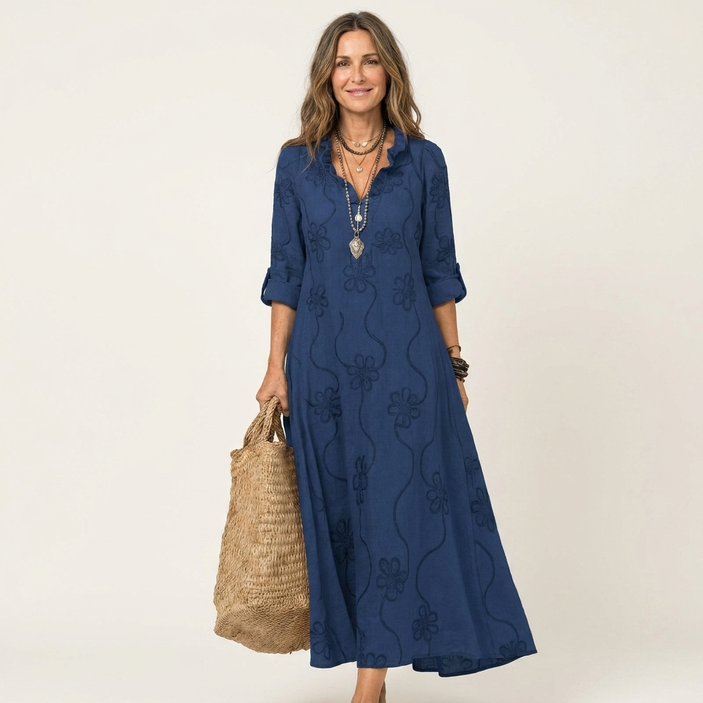 Mariam | Vestido Maxi de Algodón-Lino con Bordado Floral Tonal
