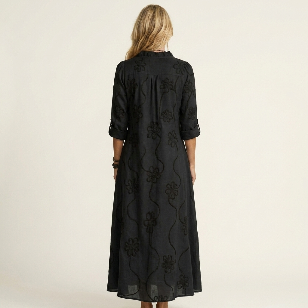 Mariam | Vestido Maxi de Algodón-Lino con Bordado Floral Tonal