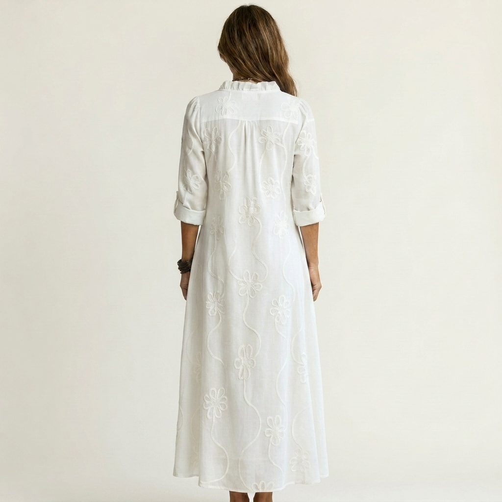 Mariam | Vestido Maxi de Algodón-Lino con Bordado Floral Tonal