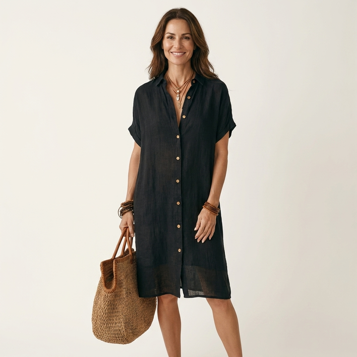 Nidalie | Vestido Midi de Camisa de Algodón-Lino con Puños Doblados