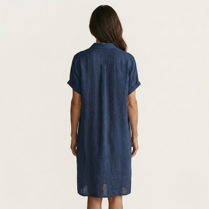 Nidalie | Vestido Midi de Camisa de Algodón-Lino con Puños Doblados