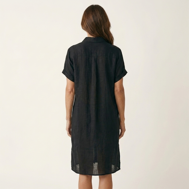 Nidalie | Vestido Midi de Camisa de Algodón-Lino con Puños Doblados