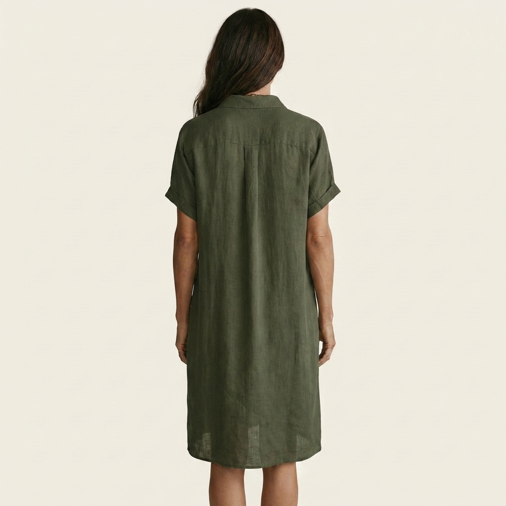 Nidalie | Vestido Midi de Camisa de Algodón-Lino con Puños Doblados