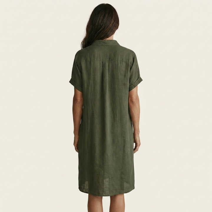 Nidalie | Vestido Midi de Camisa de Algodón-Lino con Puños Doblados