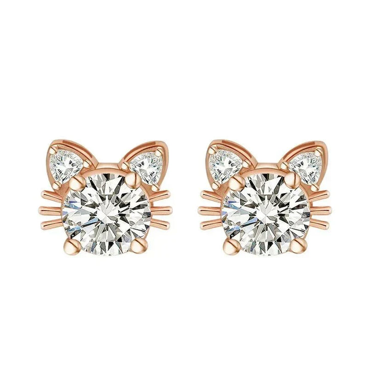 Pendientes de Stud de Gato de Moissanita en Oro Rosa de 925 Plata Esterlina