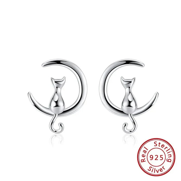 Pendientes de Gato de Plata Esterlina con Diseño de Luna