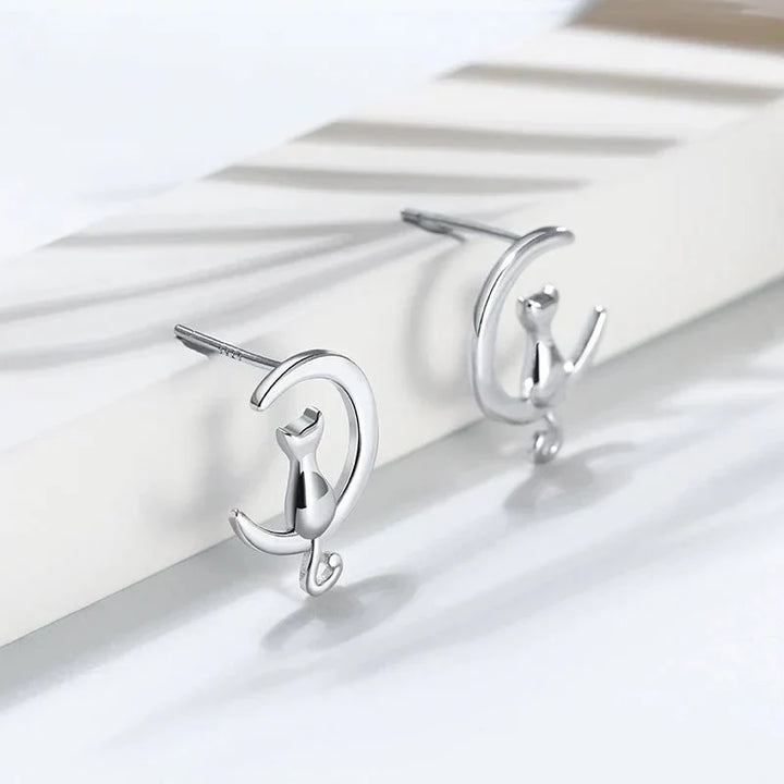 Pendientes de Gato de Plata Esterlina con Diseño de Luna